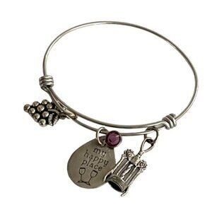 IA My Happy Place Grape Corkscrew Charm Wire Bangle Bracelet Silver Tone